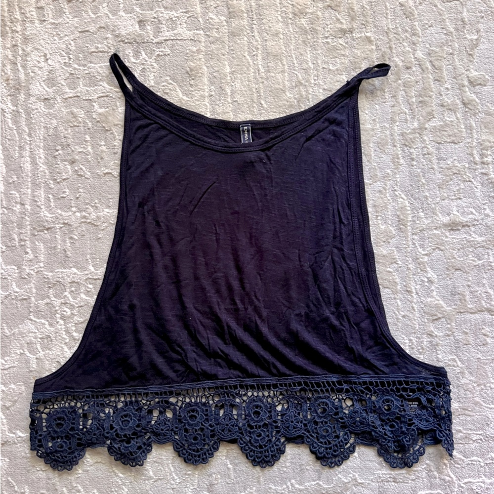 LF Emma & Sam Blue Flowy Open sides Lace Trim Tank Top S Small